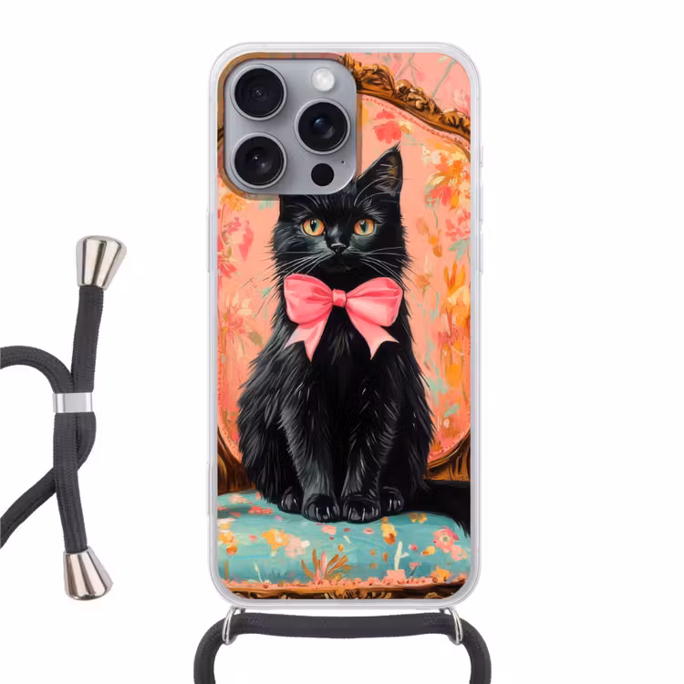 Telefoonhoesje met koord - Kat - Roze - Stoel met bloemenmotief — 1
