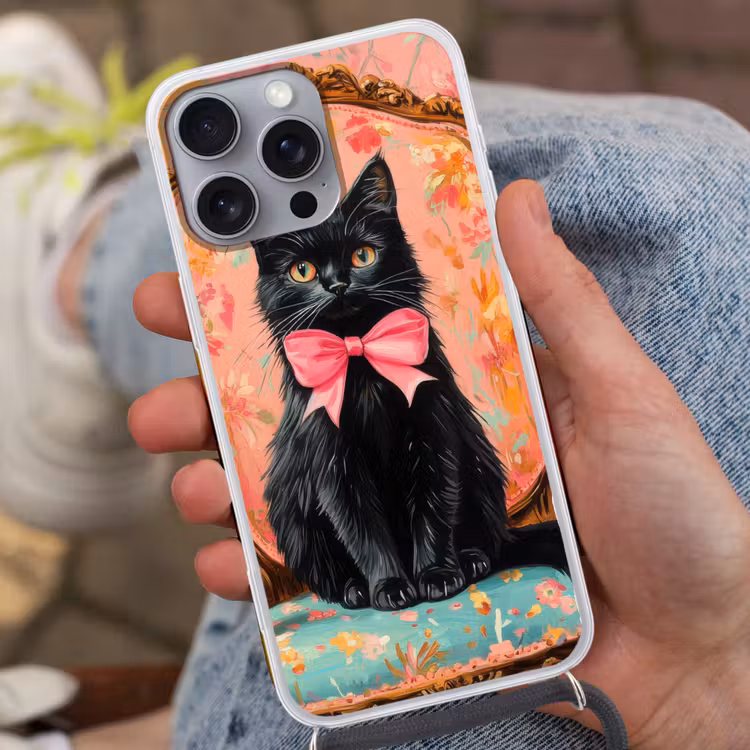 Telefoonhoesje met koord - Kat - Roze - Stoel met bloemenmotief — 2
