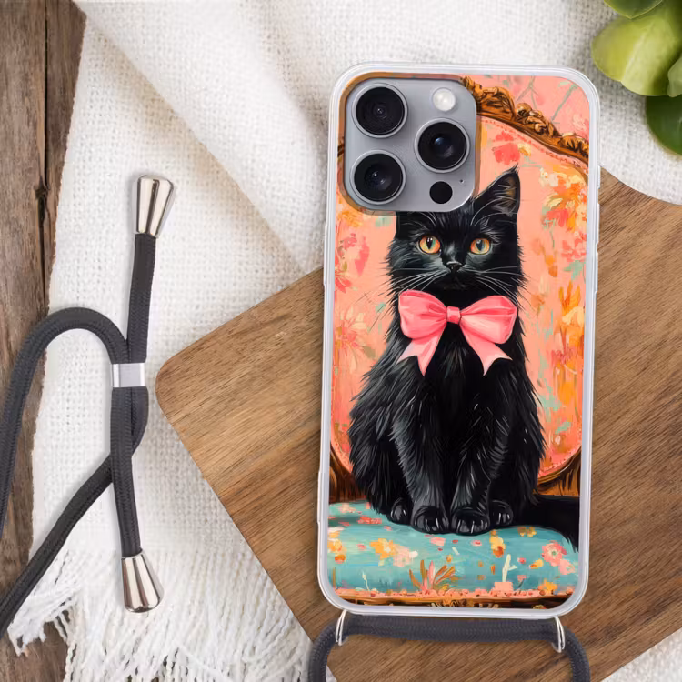 Telefoonhoesje met koord - Kat - Roze - Stoel met bloemenmotief — 3