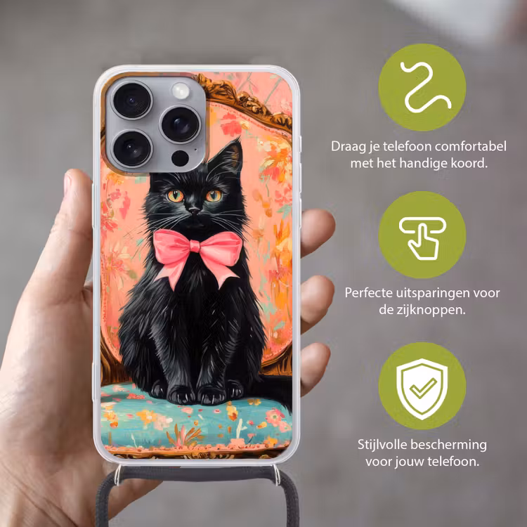 Telefoonhoesje met koord - Kat - Roze - Stoel met bloemenmotief — 4