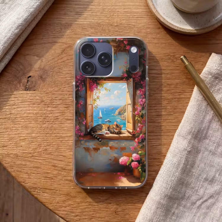 Telefoonhoesje Softcase - Kat - Blauwe zee - Roze bloemen — 2