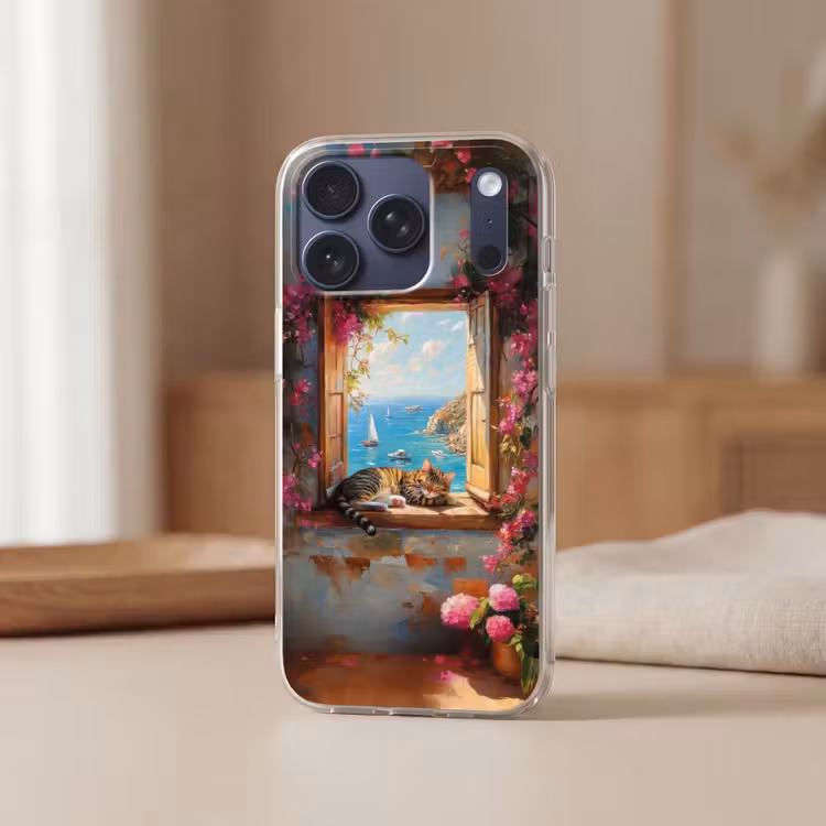 Telefoonhoesje Softcase - Kat - Blauwe zee - Roze bloemen — 3