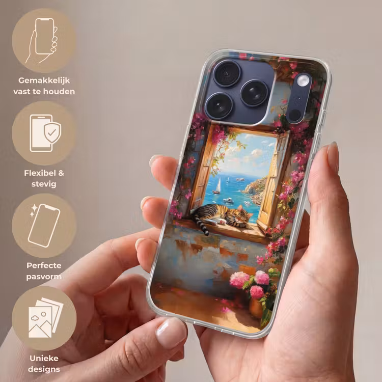 Telefoonhoesje Softcase - Kat - Blauwe zee - Roze bloemen — 4