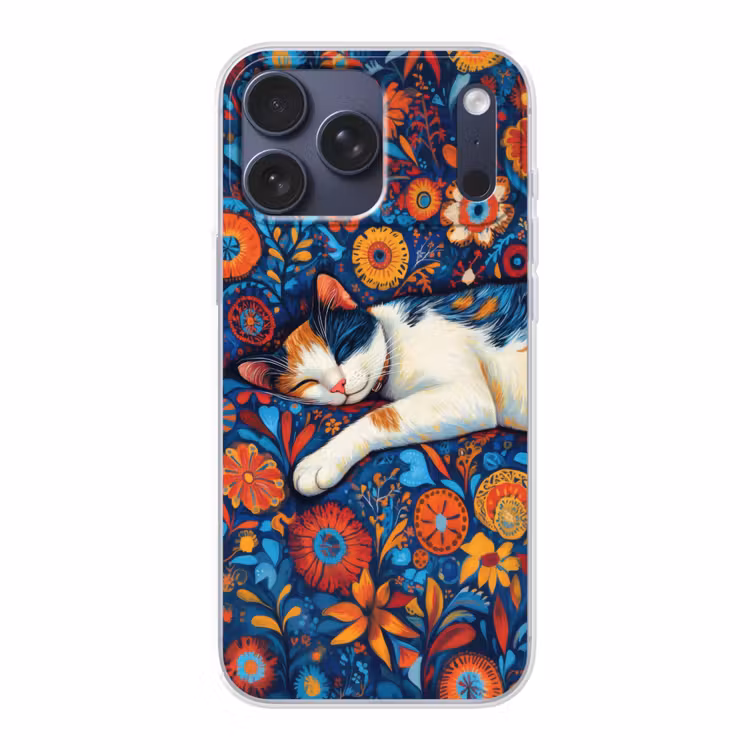 Telefoonhoesje Softcase - Kat - Bloemenpatroon - Blauw - Oranje — 1