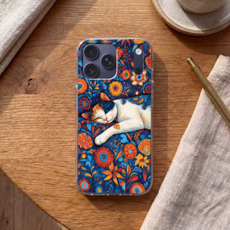 Telefoonhoesje Softcase - Kat - Bloemenpatroon - Blauw - Oranje — 2