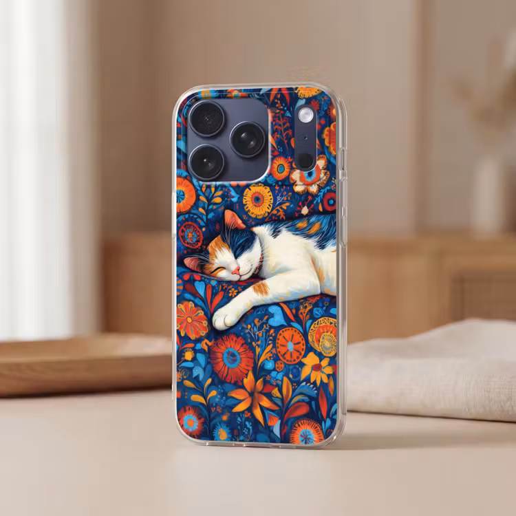 Telefoonhoesje Softcase - Kat - Bloemenpatroon - Blauw - Oranje — 3