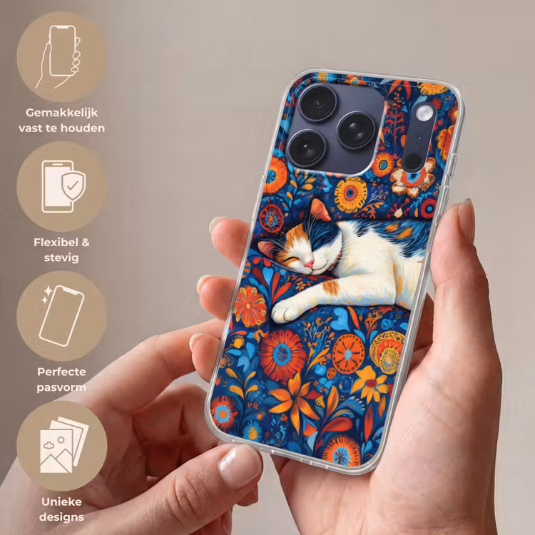 Telefoonhoesje Softcase - Kat - Bloemenpatroon - Blauw - Oranje — 4