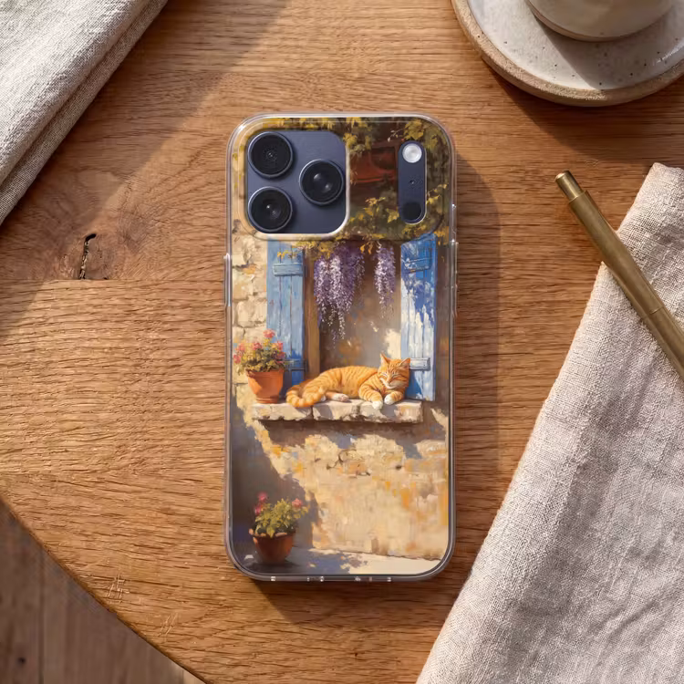 Telefoonhoesje Softcase - Kat - Stenen vensterbank - Bloemen — 2