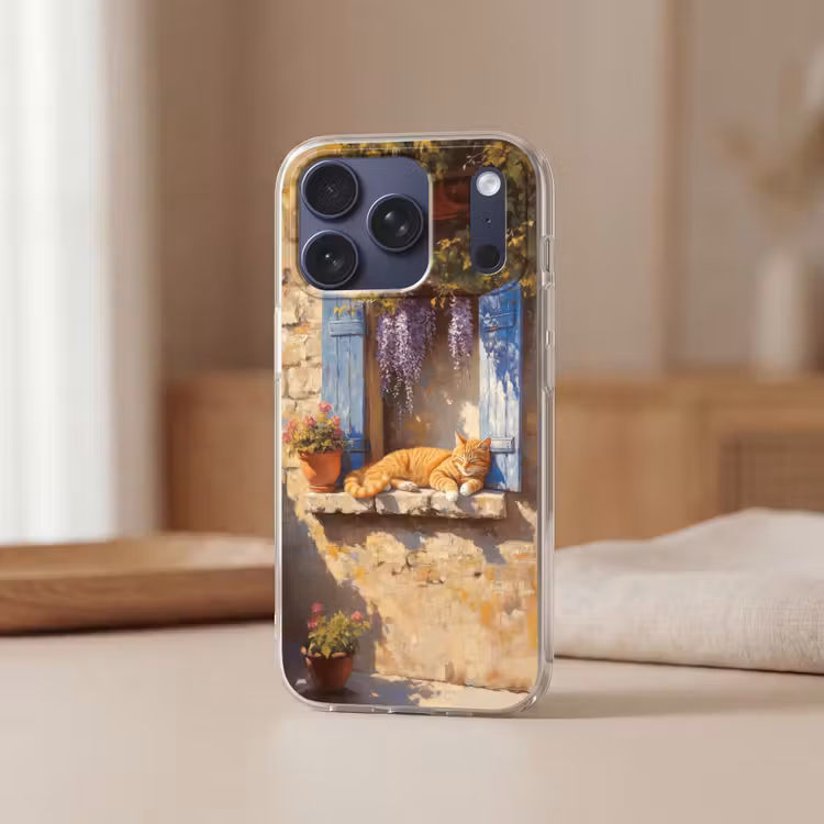Telefoonhoesje Softcase - Kat - Stenen vensterbank - Bloemen — 3