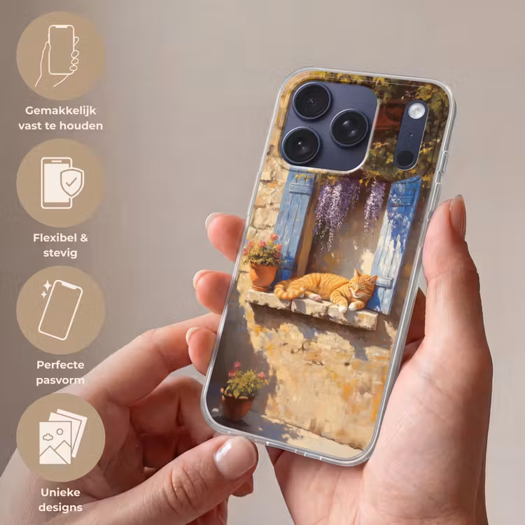 Telefoonhoesje Softcase - Kat - Stenen vensterbank - Bloemen — 4