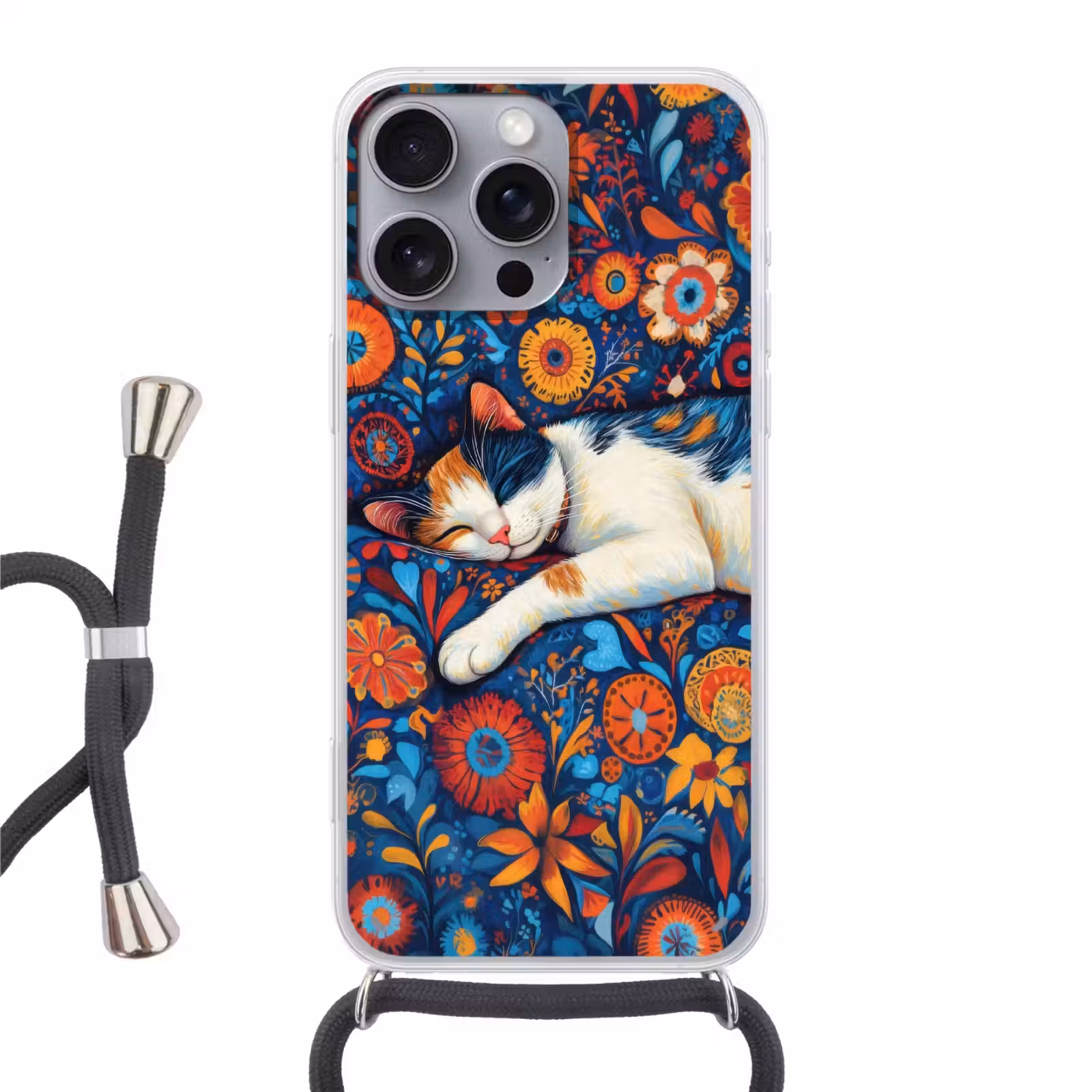 Telefoonhoesje met koord - Kat - Bloemenpatroon - Blauw - Oranje — 1