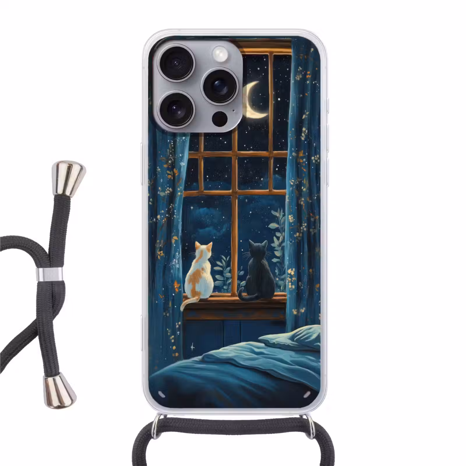 Telefoonhoesje met koord - Kat - Sterrenhemel - Blauw — 1