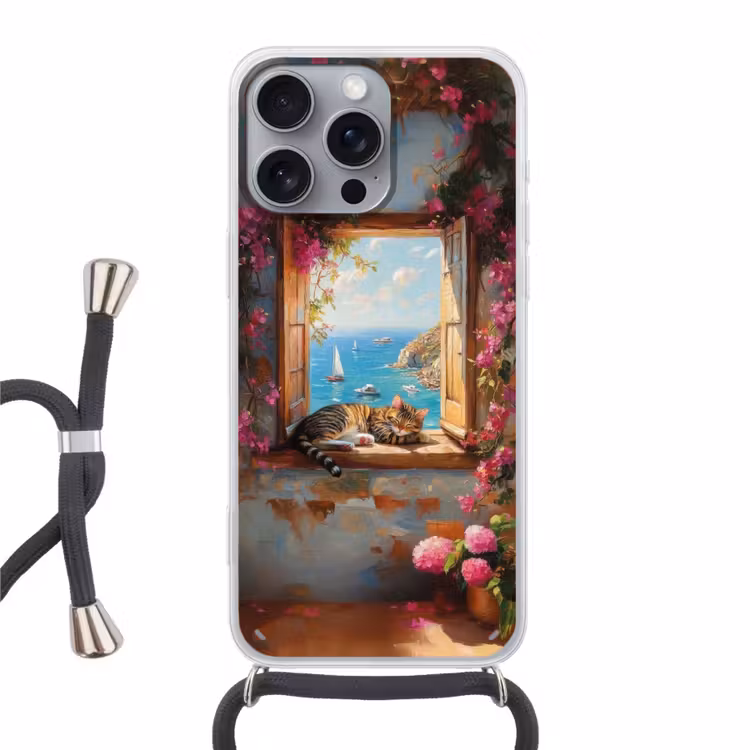 Telefoonhoesje met koord - Kat - Blauwe zee - Roze bloemen — 1