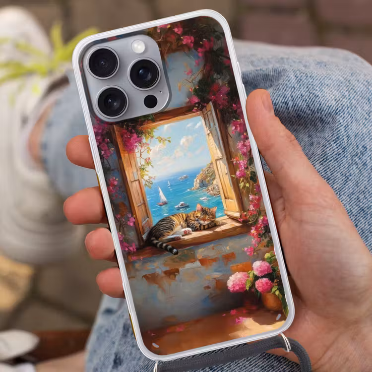 Telefoonhoesje met koord - Kat - Blauwe zee - Roze bloemen — 2