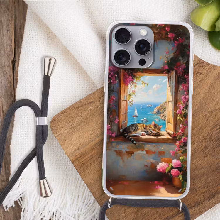 Telefoonhoesje met koord - Kat - Blauwe zee - Roze bloemen — 3