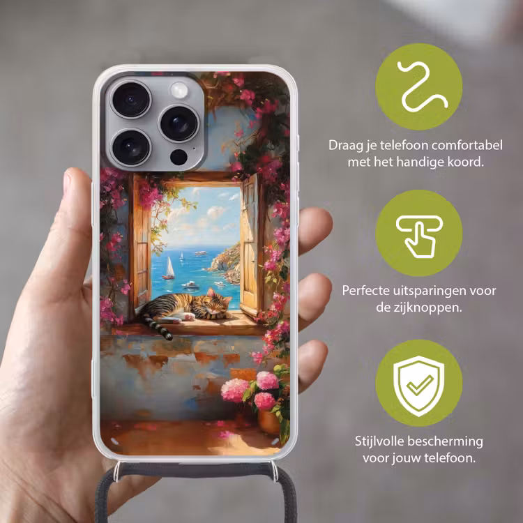 Telefoonhoesje met koord - Kat - Blauwe zee - Roze bloemen — 4