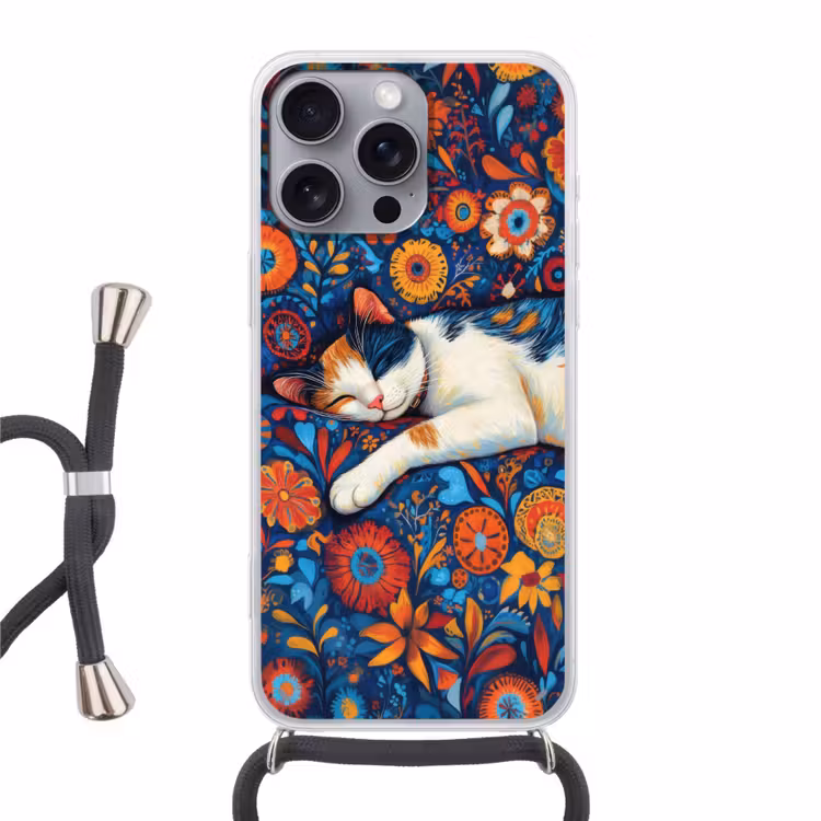 Telefoonhoesje met koord - Kat - Bloemenpatroon - Blauw - Oranje — 1