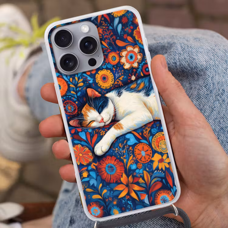 Telefoonhoesje met koord - Kat - Bloemenpatroon - Blauw - Oranje — 2