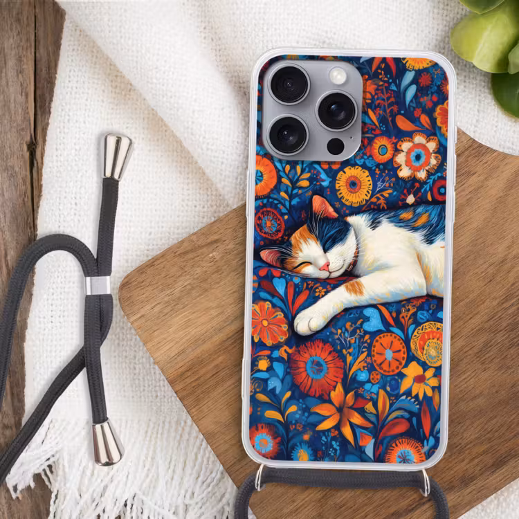 Telefoonhoesje met koord - Kat - Bloemenpatroon - Blauw - Oranje — 3