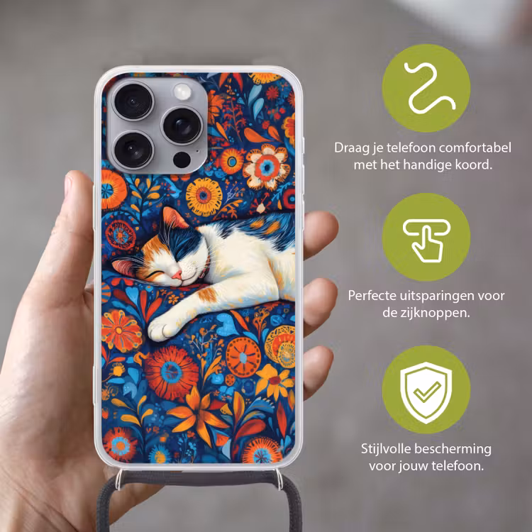 Telefoonhoesje met koord - Kat - Bloemenpatroon - Blauw - Oranje — 4