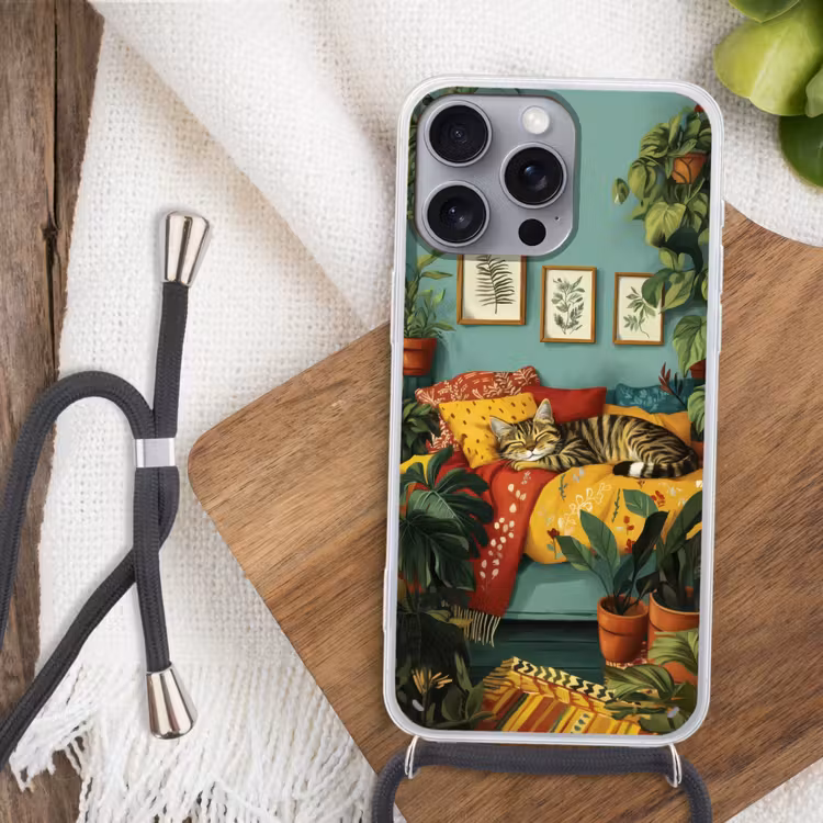 Telefoonhoesje met koord - Kat - Planten - Groen — 3
