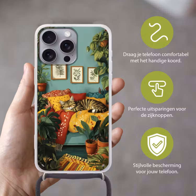 Telefoonhoesje met koord - Kat - Planten - Groen — 4