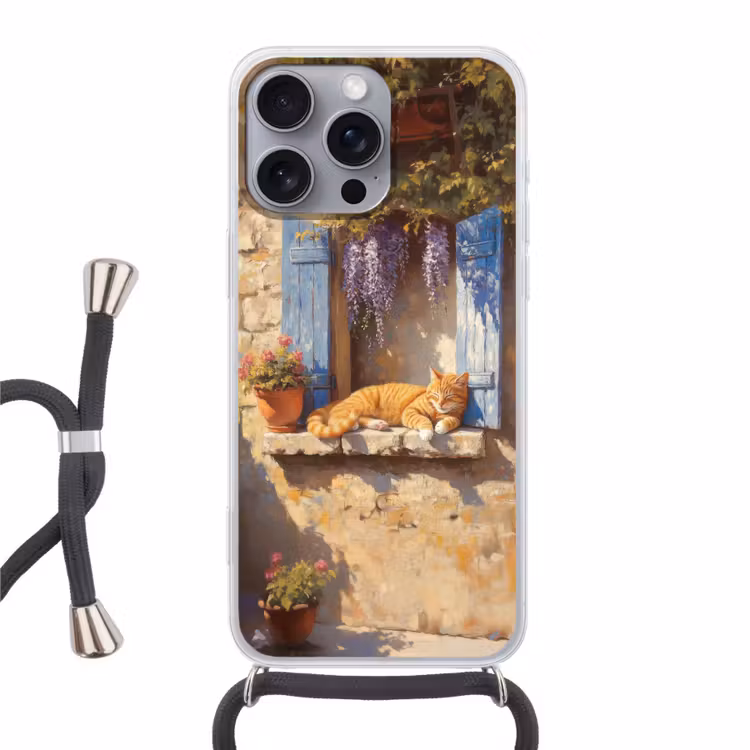 Telefoonhoesje met koord - Kat - Stenen vensterbank - Bloemen — 1