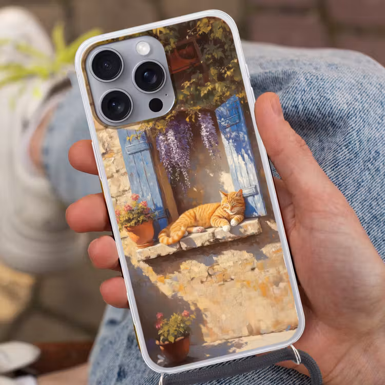 Telefoonhoesje met koord - Kat - Stenen vensterbank - Bloemen — 2
