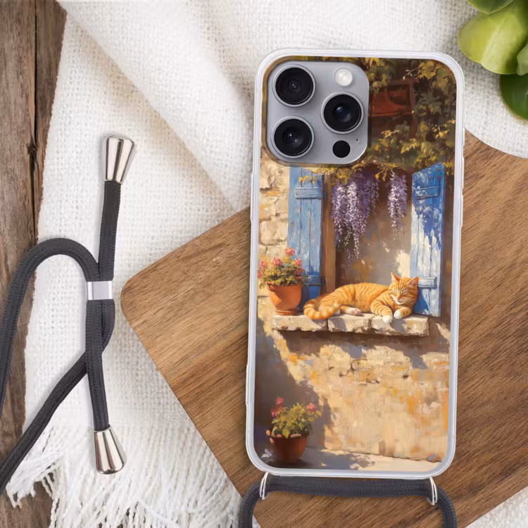 Telefoonhoesje met koord - Kat - Stenen vensterbank - Bloemen — 3