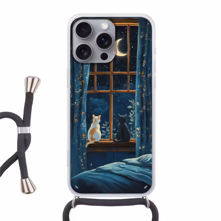 Telefoonhoesje met koord - Kat - Sterrenhemel - Blauw — 1