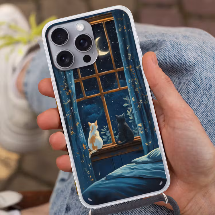 Telefoonhoesje met koord - Kat - Sterrenhemel - Blauw — 2