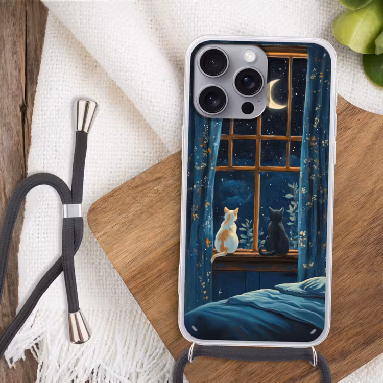Telefoonhoesje met koord - Kat - Sterrenhemel - Blauw — 3