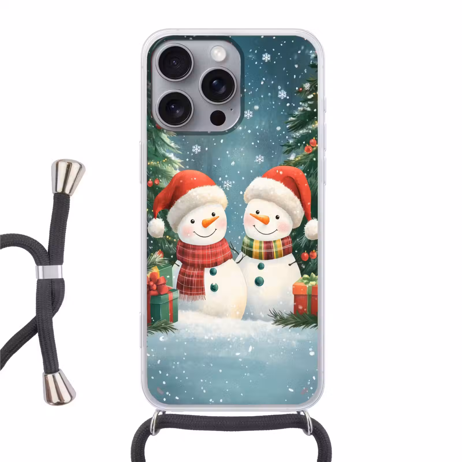 Telefoonhoesje met koord - Sneeuwpop - Kerstsneeuw - Groen - Rood — 1