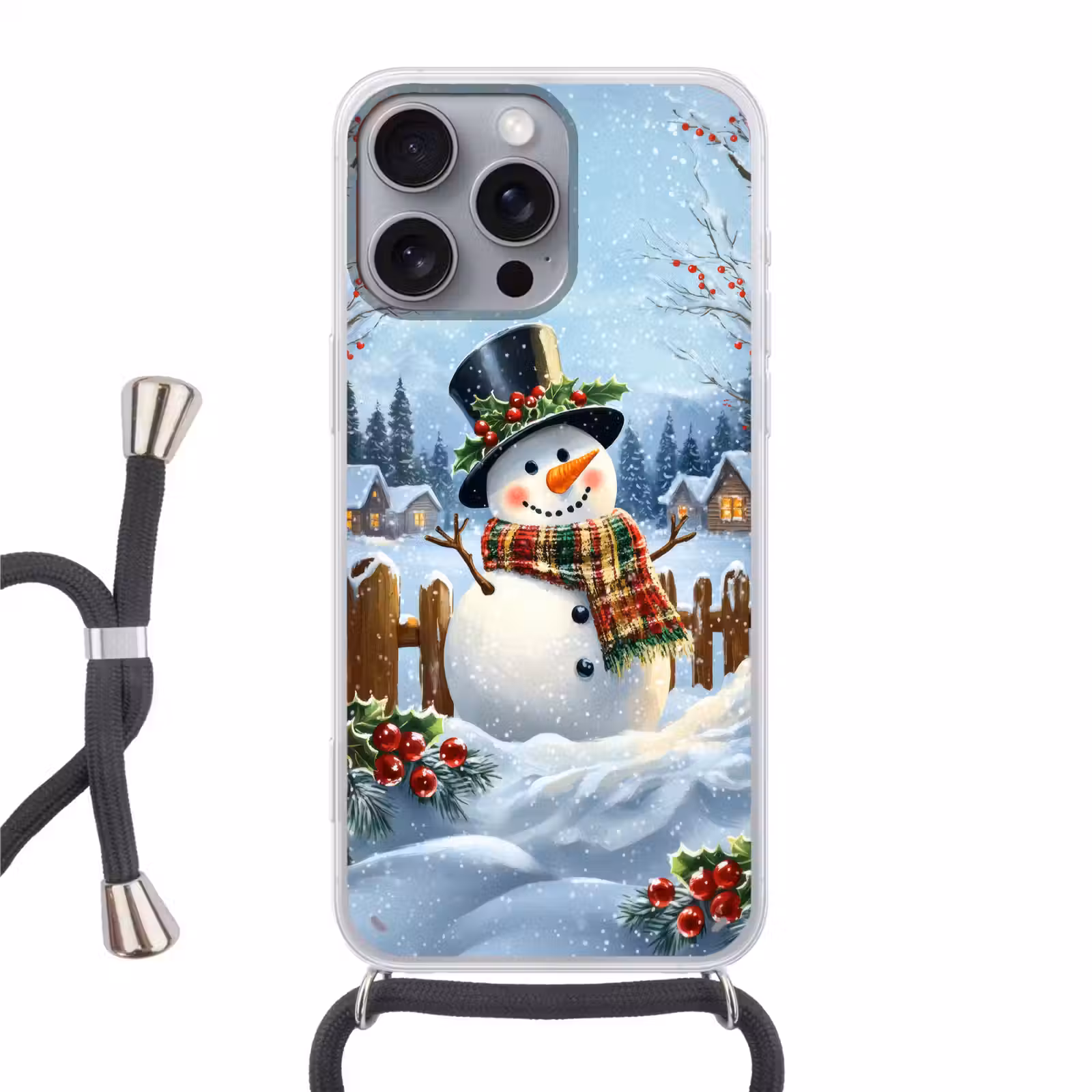 Telefoonhoesje met koord - Sneeuwpop - Winterdorp - Kleurrijk — 1