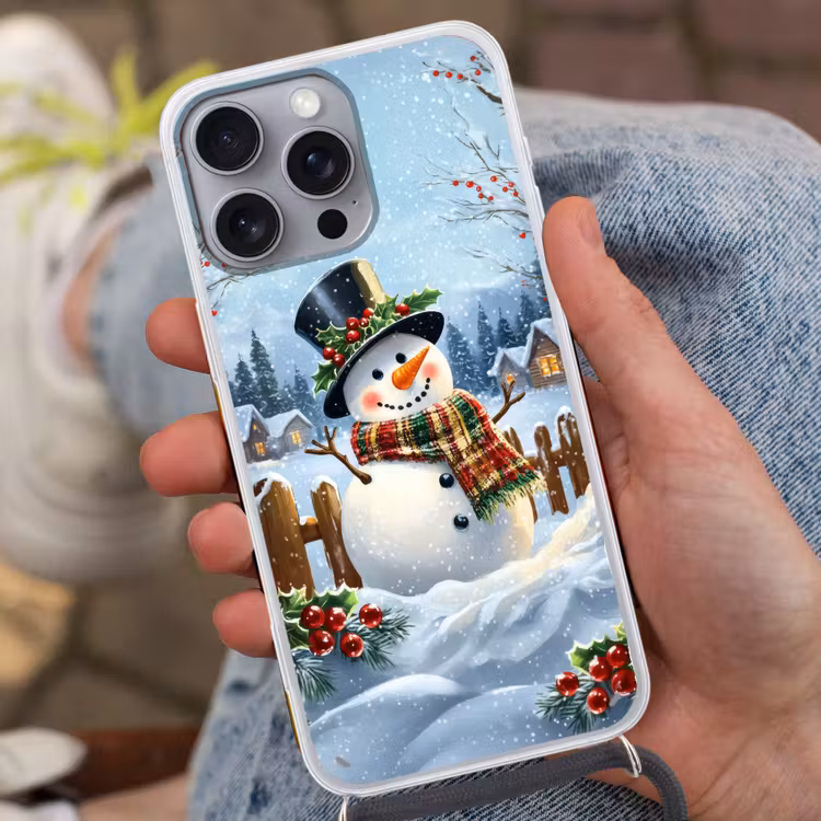 Telefoonhoesje met koord - Sneeuwpop - Winterdorp - Kleurrijk — 2