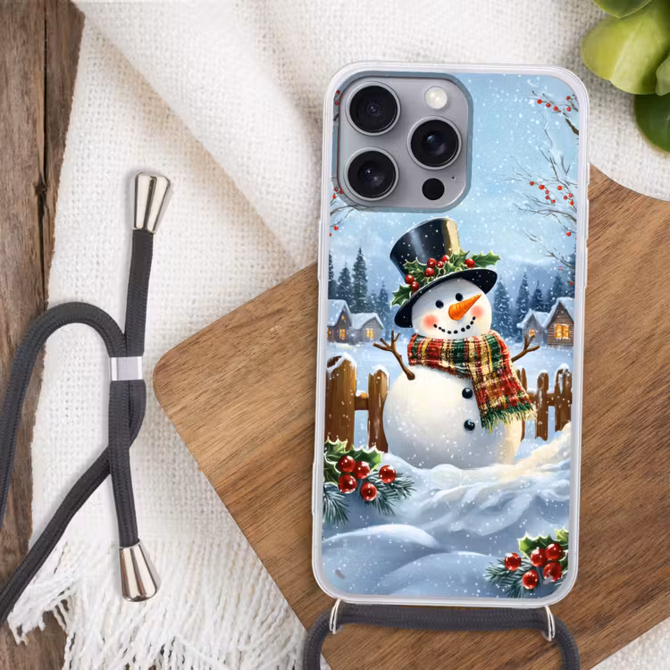 Telefoonhoesje met koord - Sneeuwpop - Winterdorp - Kleurrijk — 3