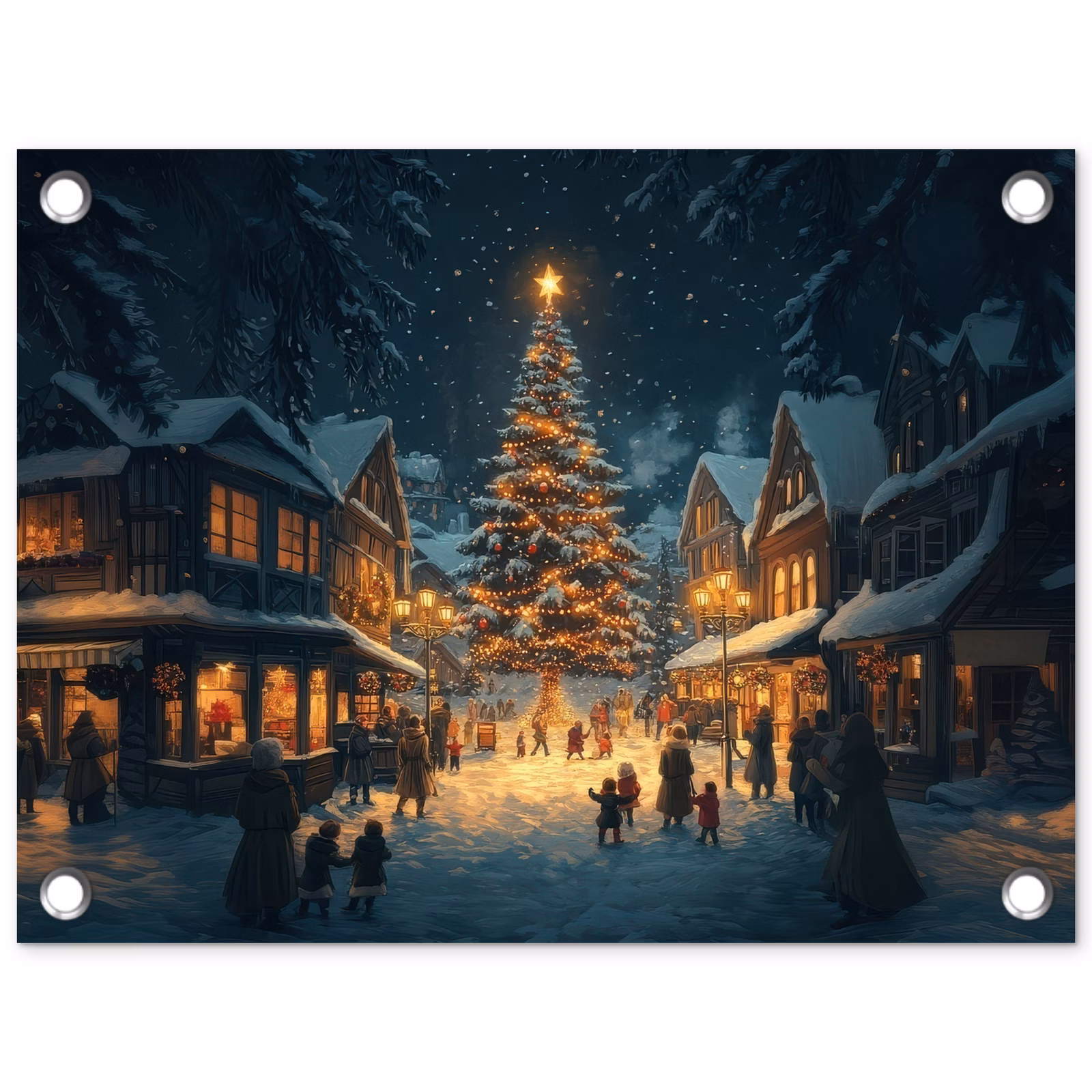 Tuinposter - Kerstboom Dorpsplein Sneeuw — 1