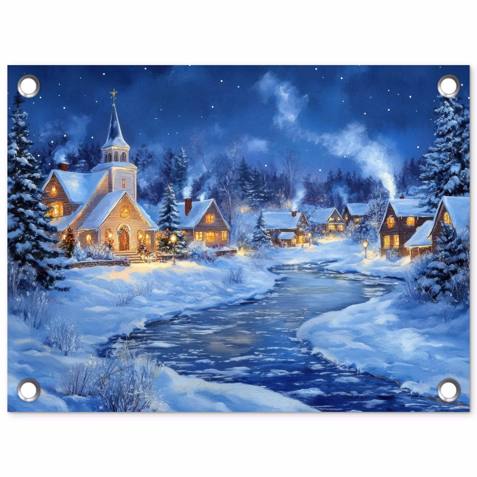 Tuinposter - Winterdorpje met Kerk bij Rivier — 1