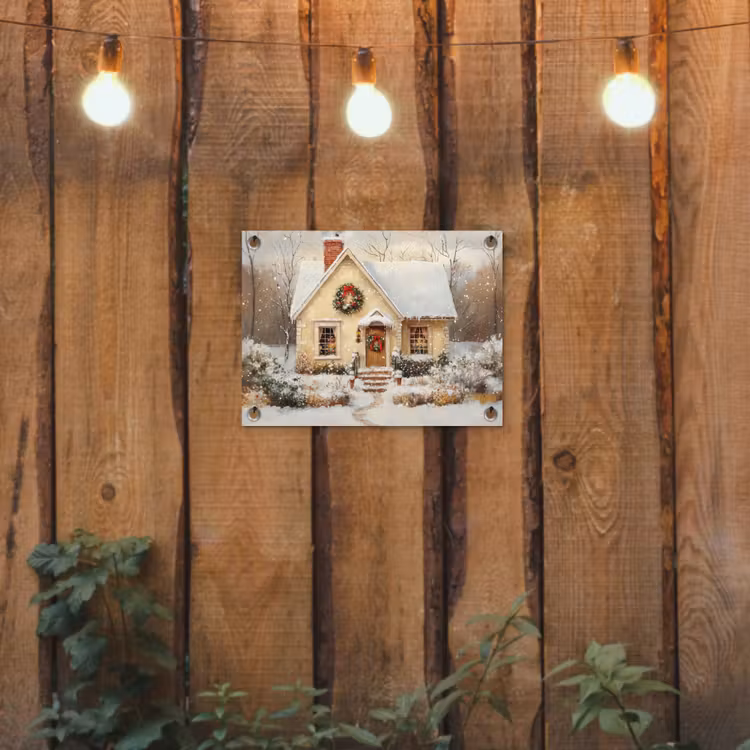 Tuinposter - Huisje in Sneeuw met Kerstkransen — 2