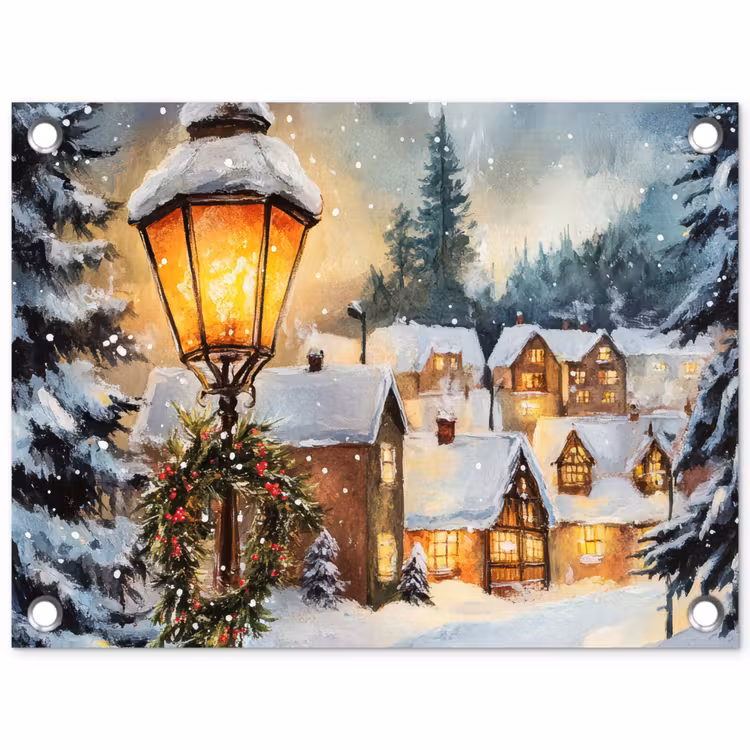 Tuinposter - Winterdorp Lantaarnpaal Kerstkrans Aquarel