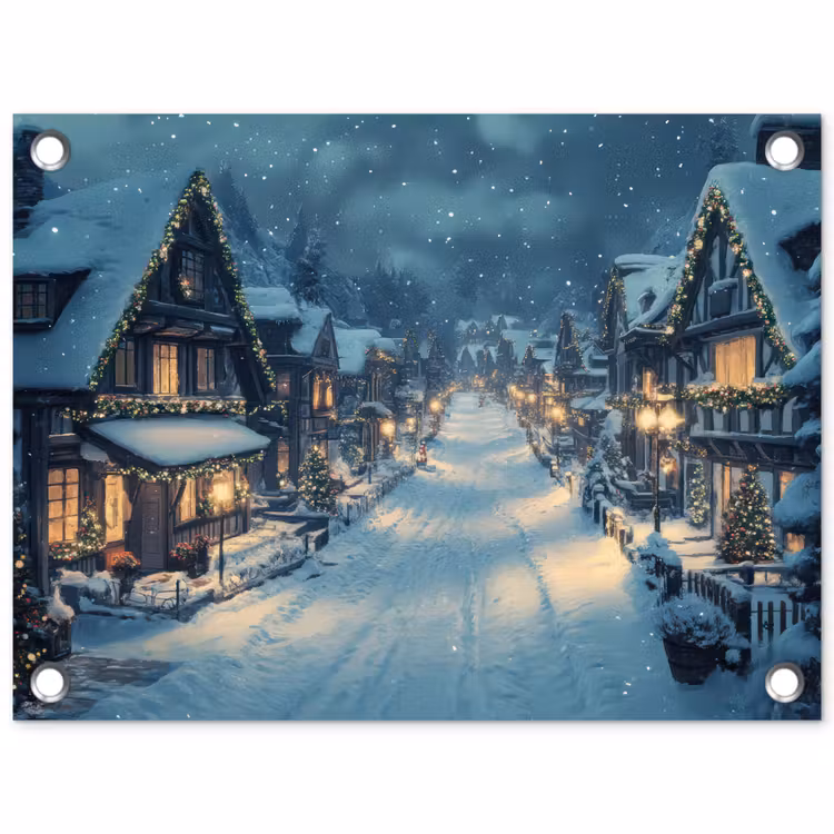 Tuinposter - Winterdorp Kerstverlichting Sneeuw