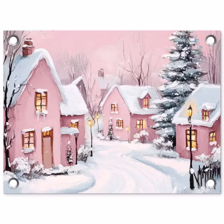 Tuinposter - Roze Huisjes in Winterlandschap