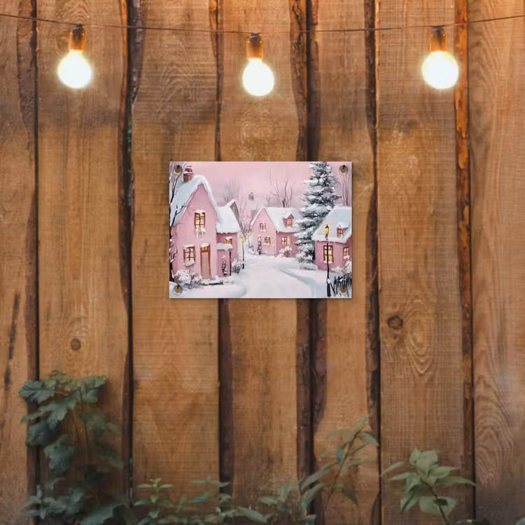 Tuinposter - Roze Huisjes in Winterlandschap — 2