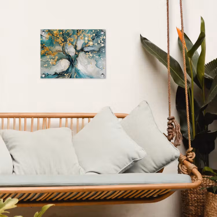 Tuinposter - Abstracte Boom Petrol Gouden Spetters — 5