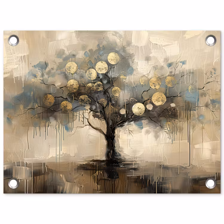 Tuinposter - Abstracte Boom met Gouden Cirkels