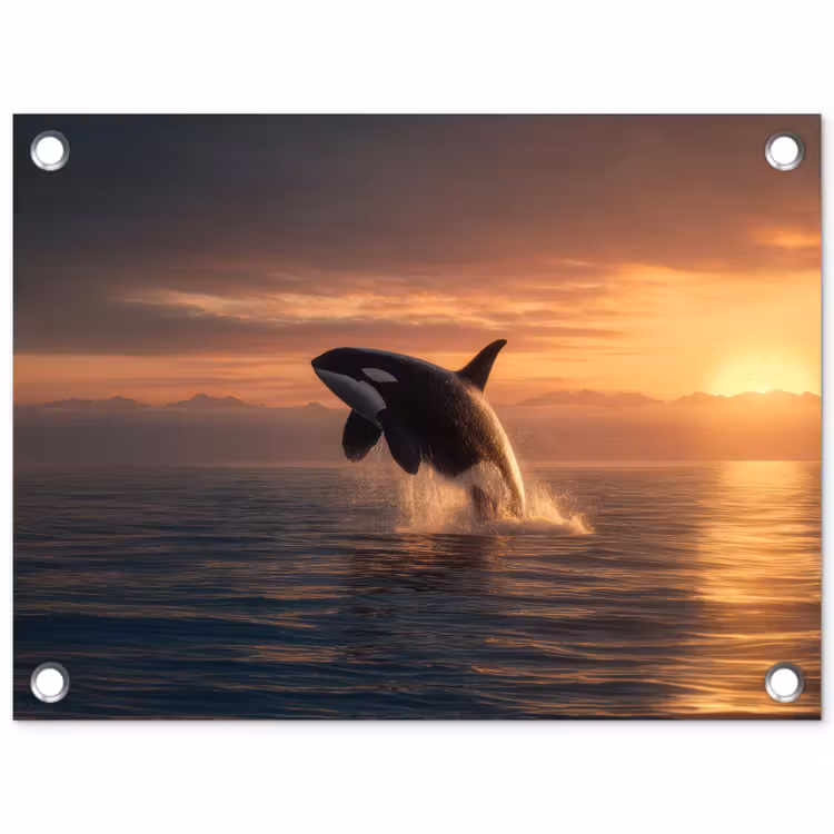 Tuinposter - Orka Springt bij Zonsondergang