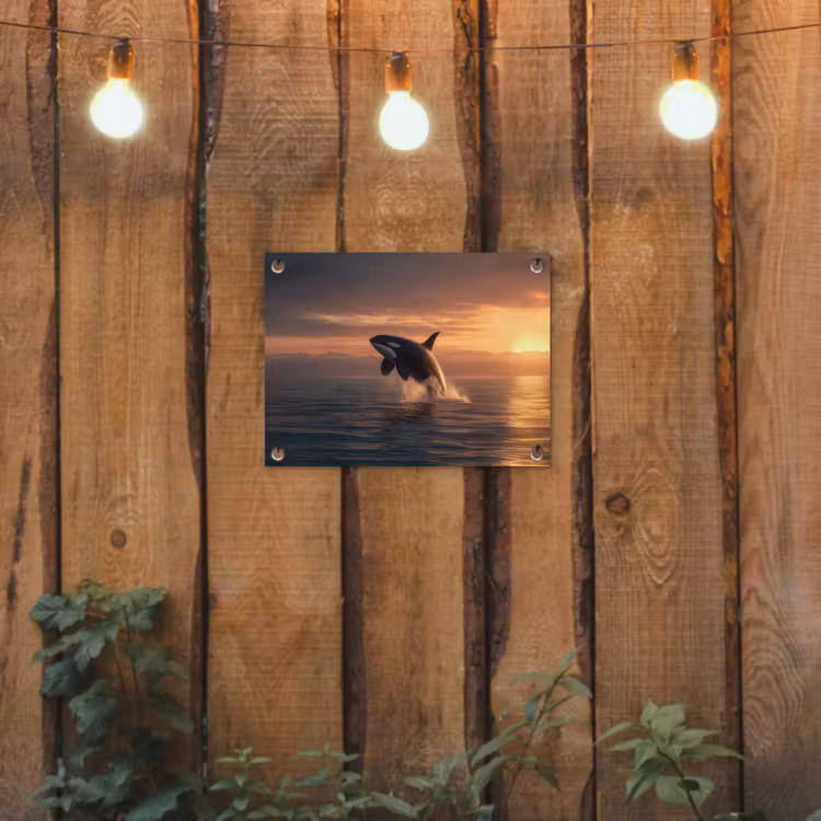 Tuinposter - Orka Springt bij Zonsondergang — 2