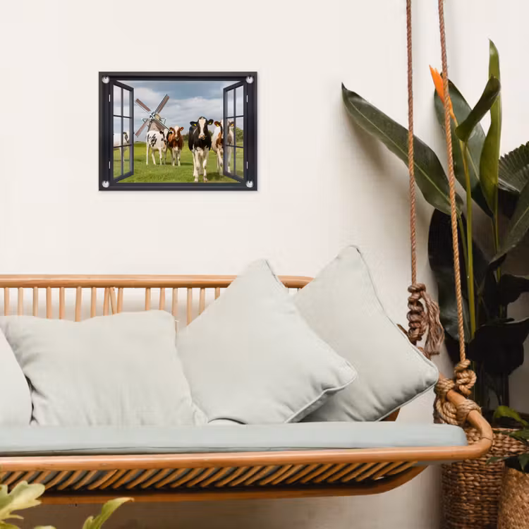 Tuinposter - Doorkijk - Koe - Molen - Koeien - Weiland - Gras - Groen — 5
