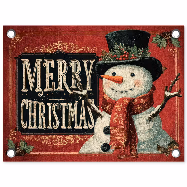 Tuinposter - Klassiek - Kerstgroet - Sneeuwpop - Rood — 1