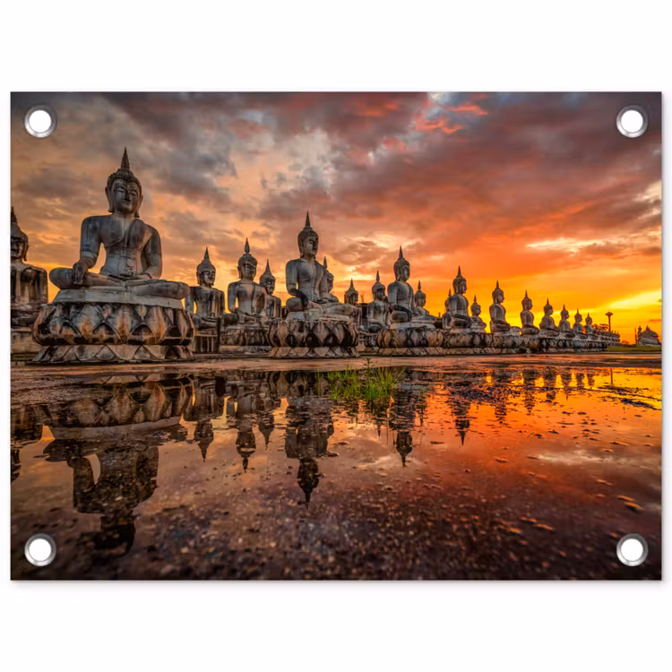 Tuinposter - Boeddha beelden - Zonsondergang - Water - Boeddhisme — 1